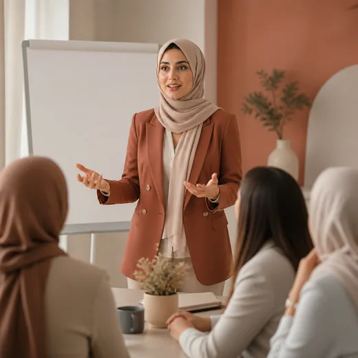 مدربة تشرح لمجموعة في قاعة تدريب